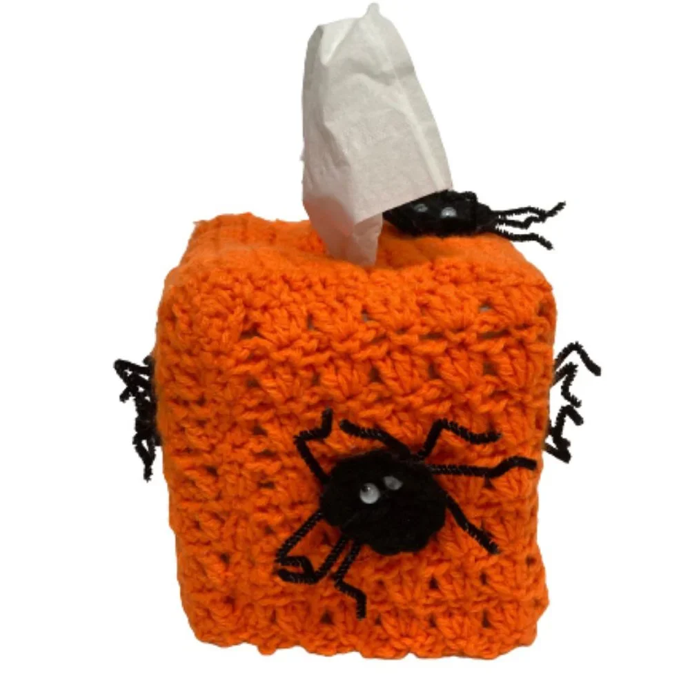 Handmade Granny Tissue Koozie Cover Spiders Orange